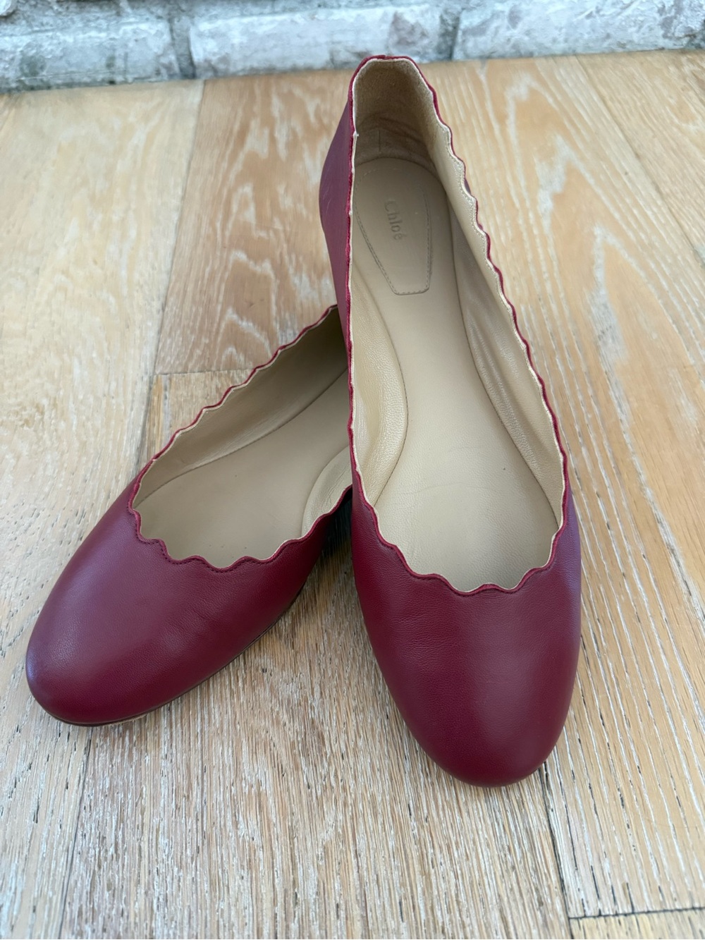 Chloe Red Scalloped Edge Leather Flats